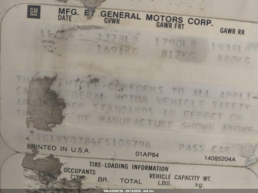 1985 Chevrolet Corvette VIN: 1G1YY0784F5105796 Lot: 43206726