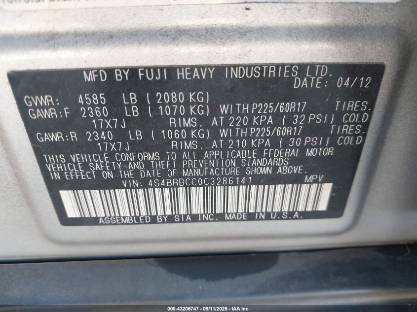 2012 Subaru Outback 2.5I Premium VIN: 4S4BRBCC0C3286141 Lot: 43206747