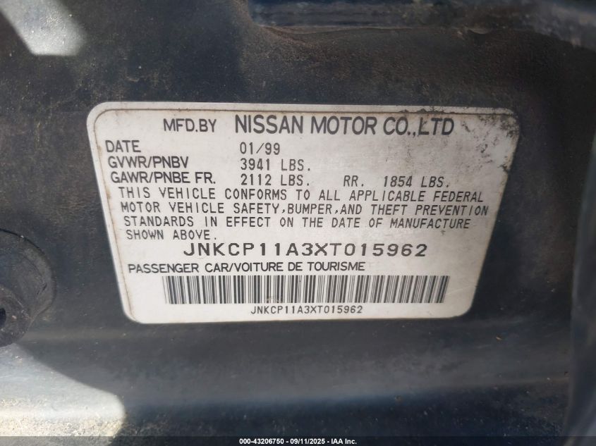 1999 Infiniti G20 Standard/Touring VIN: JNKCP11A3XT015962 Lot: 43206750