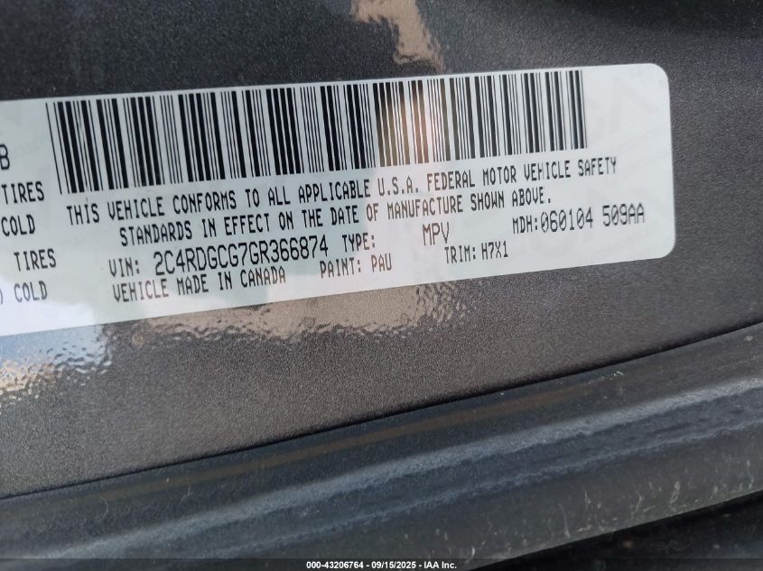 2016 Dodge Grand Caravan Sxt VIN: 2C4RDGCG7GR366874 Lot: 43206764