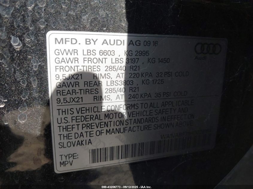 2017 Audi Q7 3.0T Premium VIN: WA1VABF71HD029184 Lot: 43206773