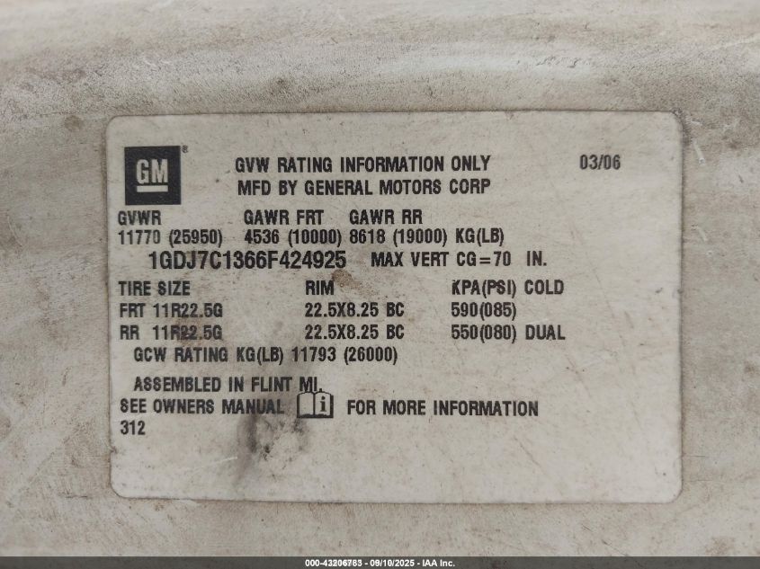 2006 GMC Tc7500 VIN: 1GDJ7C1366F424925 Lot: 43206783