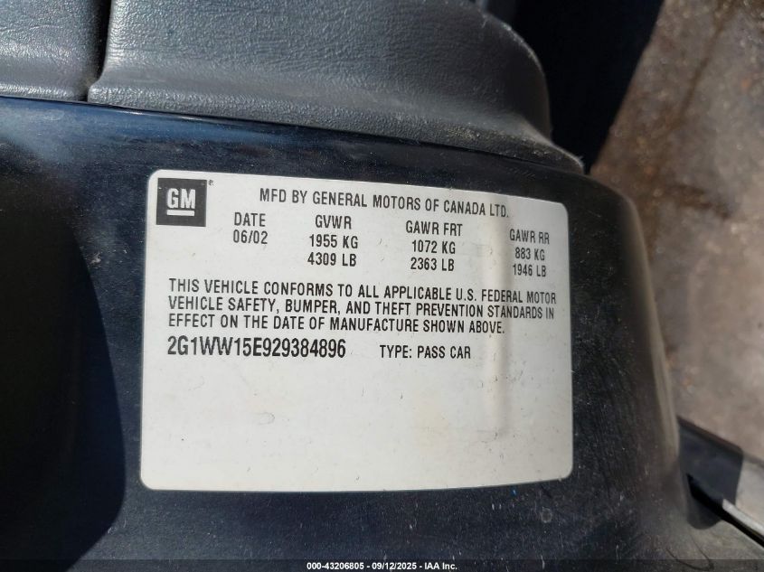 2002 Chevrolet Monte Carlo Ls VIN: 2G1WW15E929384896 Lot: 43206805