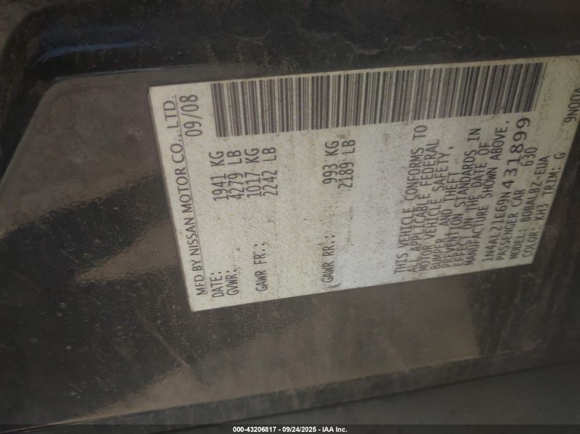 2009 Nissan Altima 2.5 S VIN: 1N4AL21E69N431899 Lot: 43206817