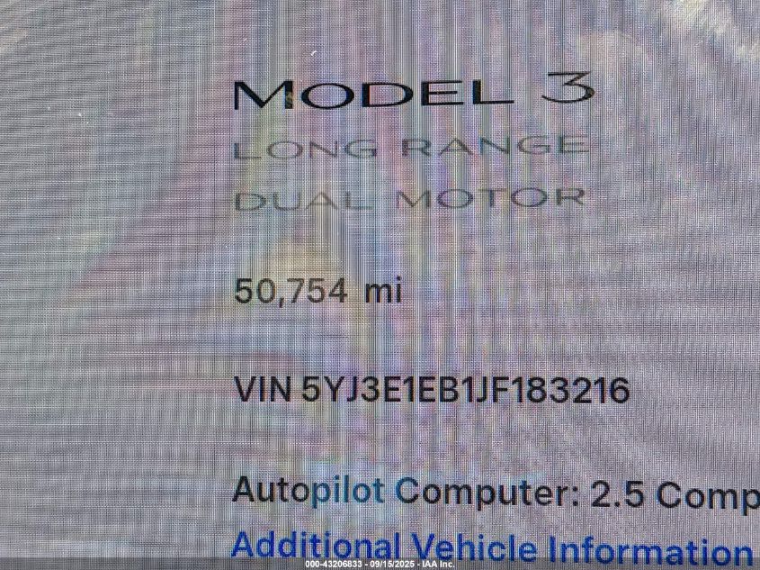 2018 Tesla Model 3 Long Range/Performance VIN: 5YJ3E1EB1JF183216 Lot: 43206833