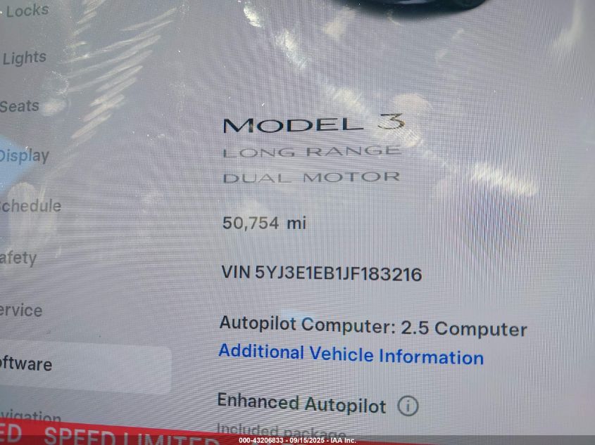 2018 Tesla Model 3 Long Range/Performance VIN: 5YJ3E1EB1JF183216 Lot: 43206833