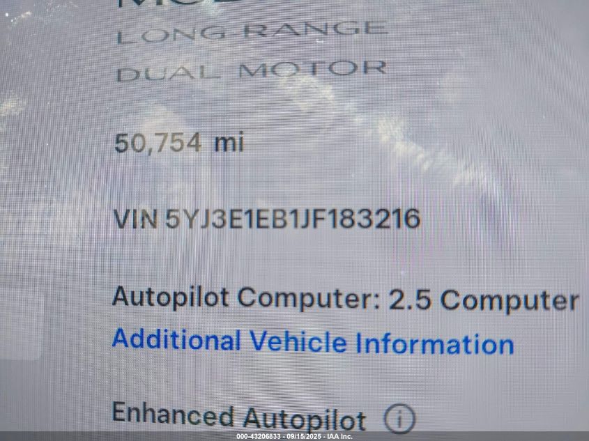 2018 Tesla Model 3 Long Range/Performance VIN: 5YJ3E1EB1JF183216 Lot: 43206833