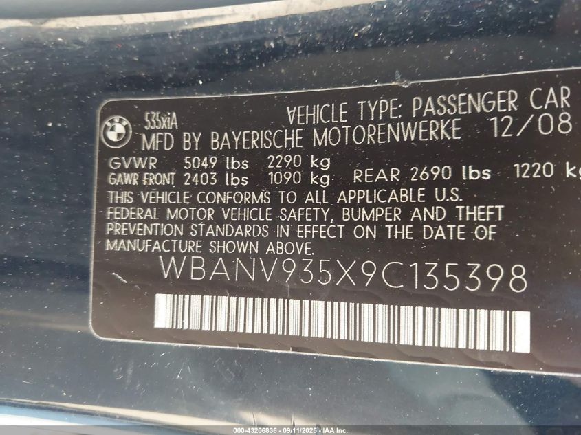 2009 BMW 535I xDrive VIN: WBANV935X9C135398 Lot: 43206836