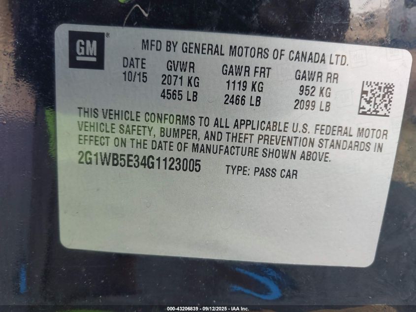 2016 Chevrolet Impala Limited Lt VIN: 2G1WB5E34G1123005 Lot: 43206839