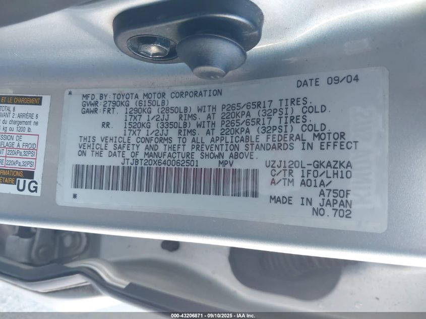 2004 Lexus Gx 470 VIN: JTJBT20X640062501 Lot: 43206871