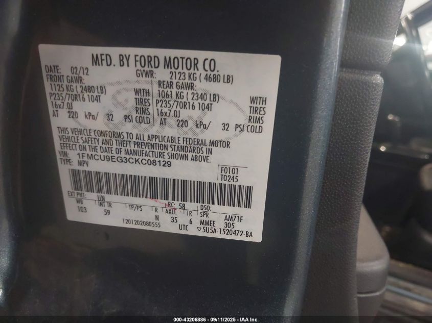 2012 Ford Escape Limited VIN: 1FMCU9EG3CKC08129 Lot: 43206886