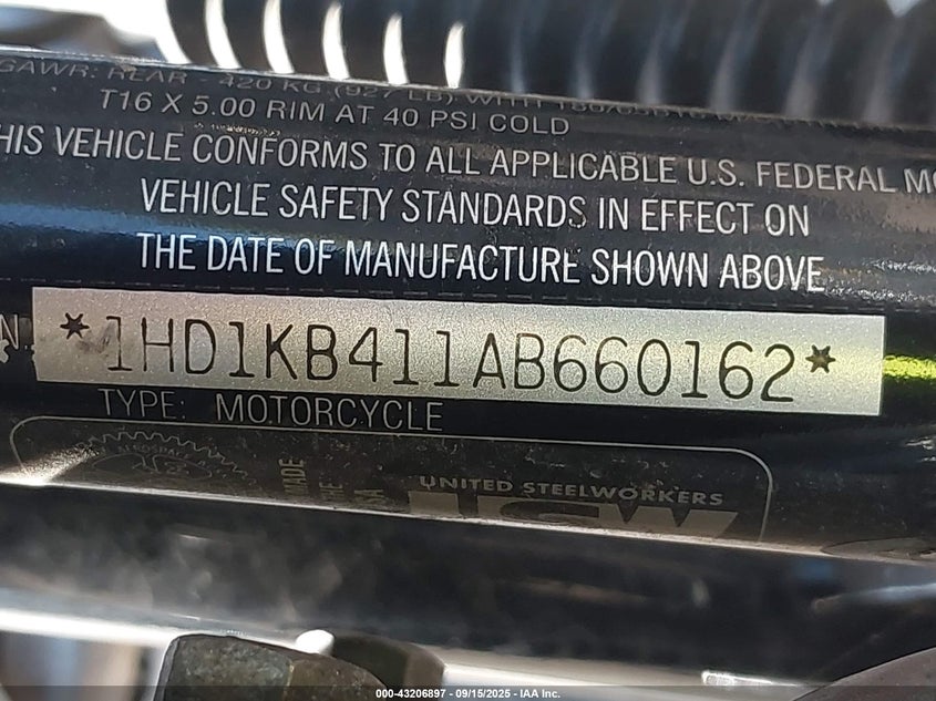 2010 Harley-Davidson Flhx VIN: 1HD1KB411AB660162 Lot: 43206897