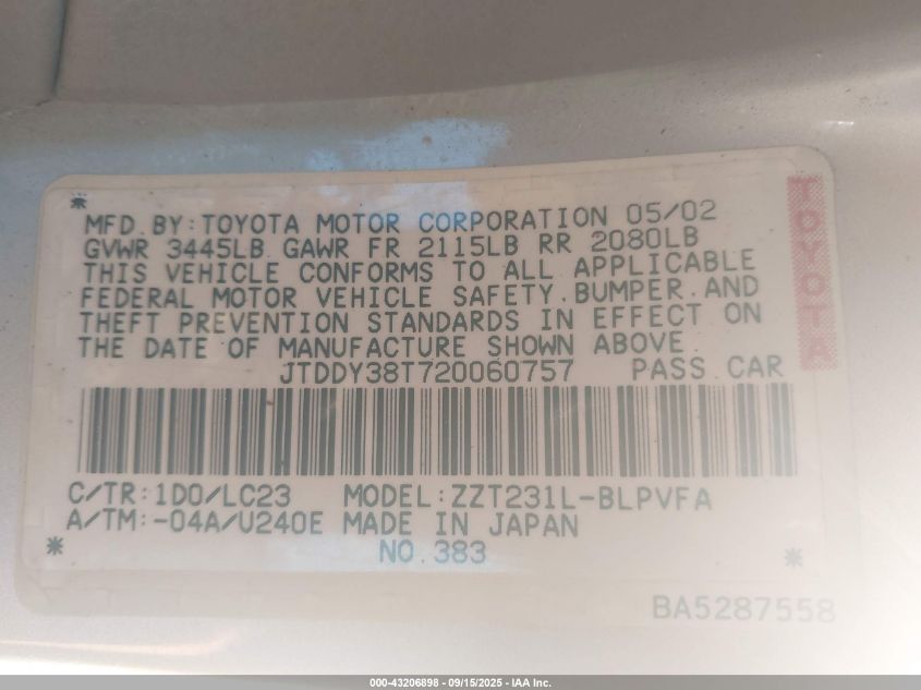 2002 Toyota Celica Gt-S VIN: JTDDY38T720060757 Lot: 43206898