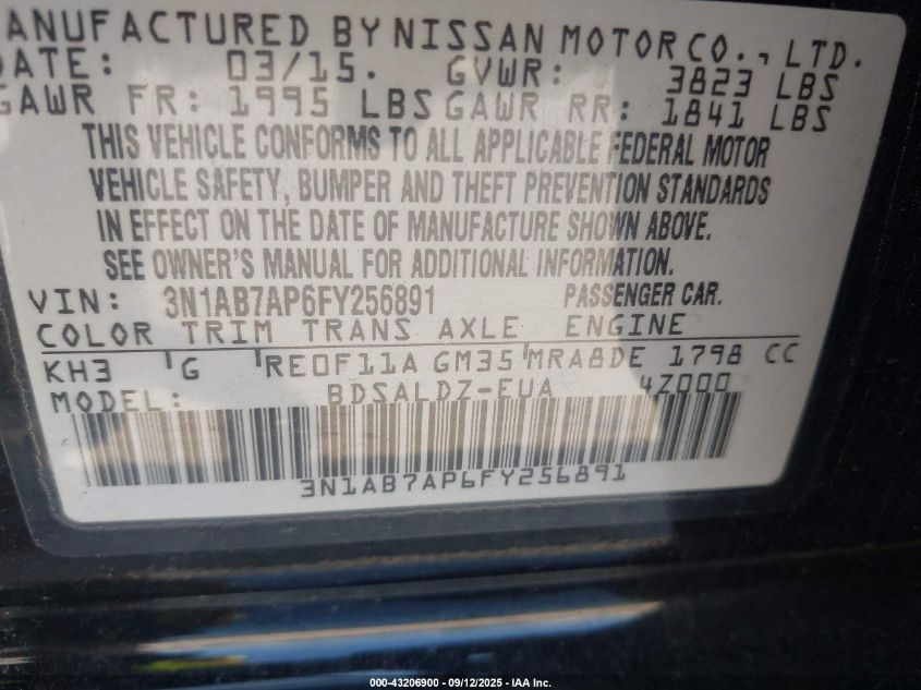 2015 Nissan Sentra Sv VIN: 3N1AB7AP6FY256891 Lot: 43206900