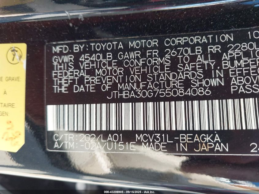 2005 Lexus Es 330 VIN: JTHBA30G755084086 Lot: 43206905