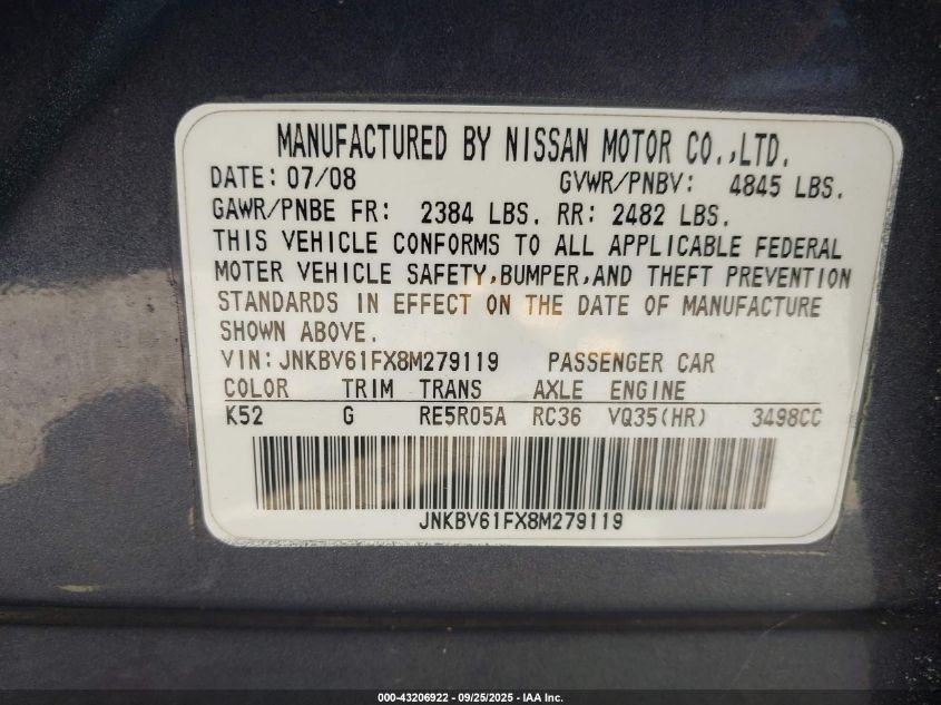 2008 Infiniti G35 VIN: 0JNKBV61FX8M27911 Lot: 43206922