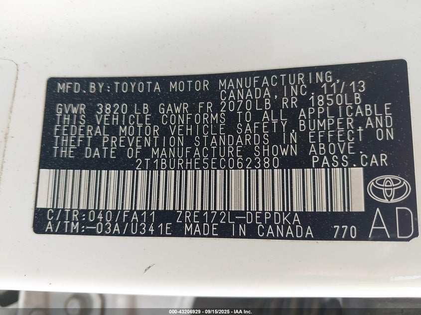 2014 Toyota Corolla L VIN: 2T1BURHE5EC062380 Lot: 43206929