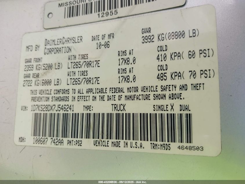 2007 Dodge Ram 2500 Slt/Trx4 Off Road/Sport/Power Wagon VIN: 1D7KS28DX7J546241 Lot: 43206936