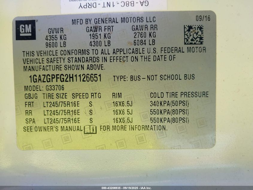 2017 Chevrolet Express 3500 Lt VIN: 1GAZGPFG2H1126651 Lot: 43206935