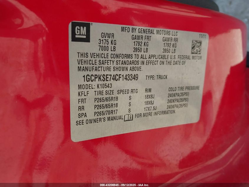 2012 Chevrolet Silverado 1500 Lt VIN: 1GCPKSE74CF143349 Lot: 43206945