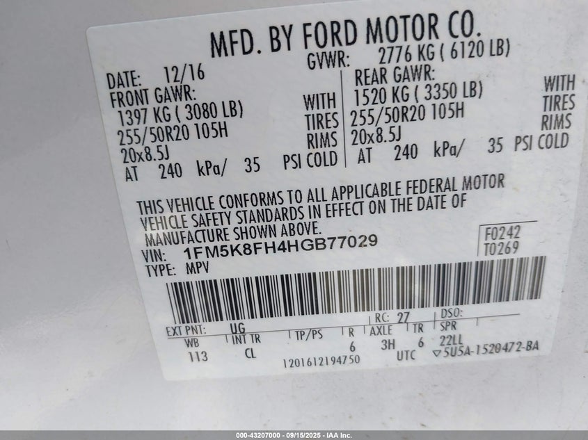 2017 Ford Explorer 2.3 Limited White Lot 111043207000 Vin 1FM5K8FH4HGB77029