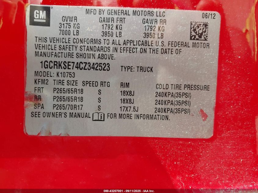 2012 Chevrolet Silverado 1500 Lt VIN: 1GCRKSE74CZ342523 Lot: 43207001