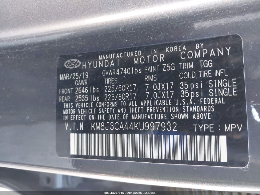 2019 Hyundai Tucson Value VIN: KM8J3CA44KU997932 Lot: 43207015