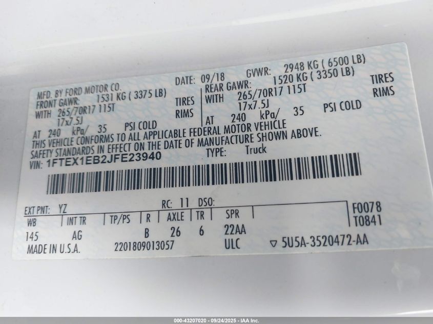 2018 Ford F-150 Xl VIN: 1FTEX1EB2JFE23940 Lot: 43207020