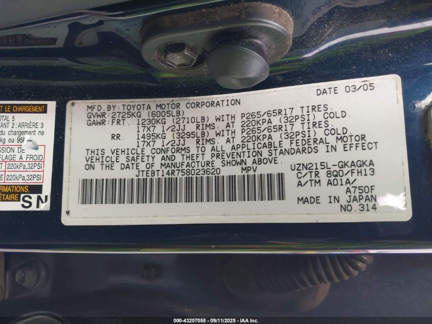 2005 Toyota 4Runner Sr5 Sport V8 VIN: JTEBT14R758023620 Lot: 43207058