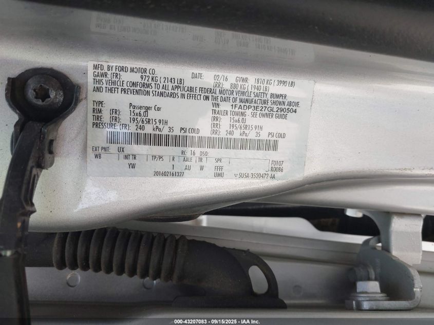 2016 Ford Focus S VIN: 1FADP3E27GL290504 Lot: 43207083