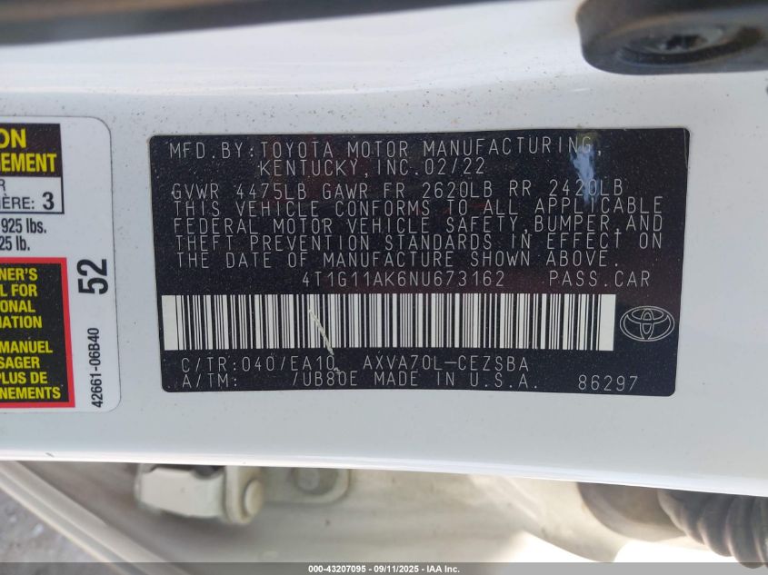 2022 Toyota Camry Se VIN: 4T1G11AK6NU673162 Lot: 43207095