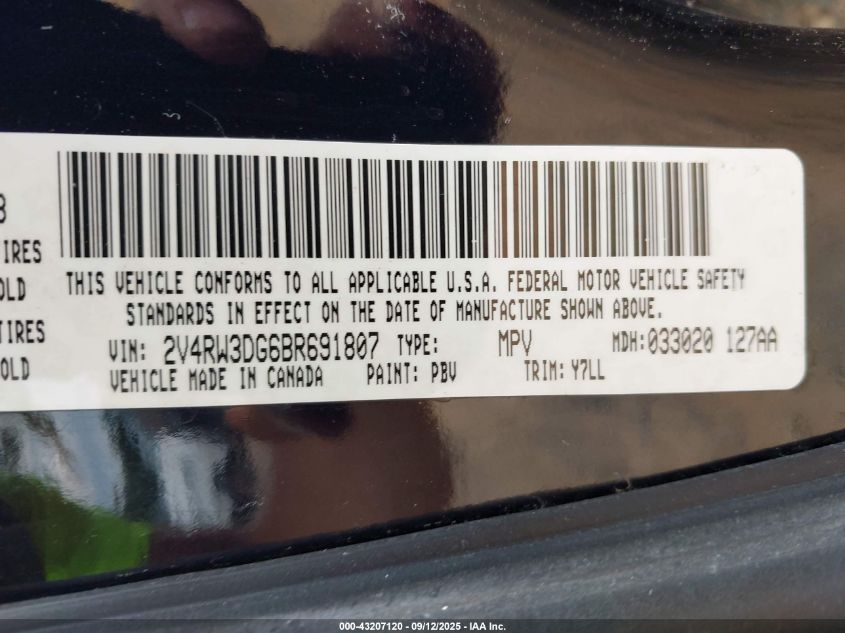 2011 Volkswagen Routan Se VIN: 2V4RW3DG6BR691807 Lot: 43207120