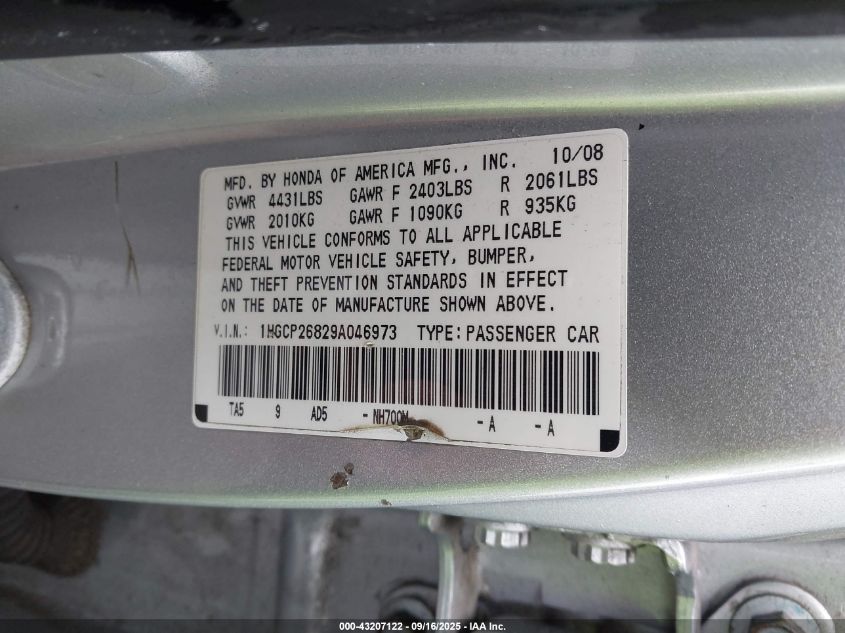 2009 Honda Accord 2.4 Ex-L VIN: 1HGCP26829A046973 Lot: 43207122