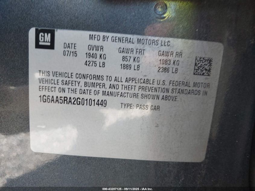 2016 Cadillac Ats Standard VIN: 1G6AA5RA2G0101449 Lot: 43207125