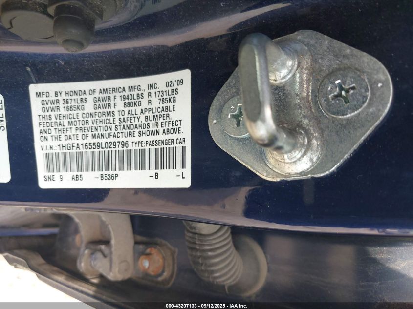 2009 Honda Civic Lx VIN: 1HGFA16559L029796 Lot: 43207133