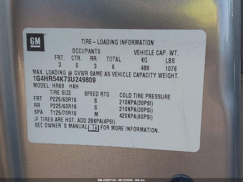 2003 Buick Lesabre Limited VIN: 1G4HR54K73U249809 Lot: 43207134