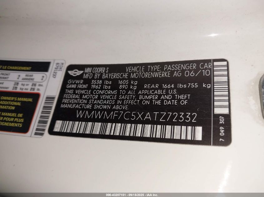 2010 Mini Cooper S VIN: WMWMF7C5XATZ72332 Lot: 43207151