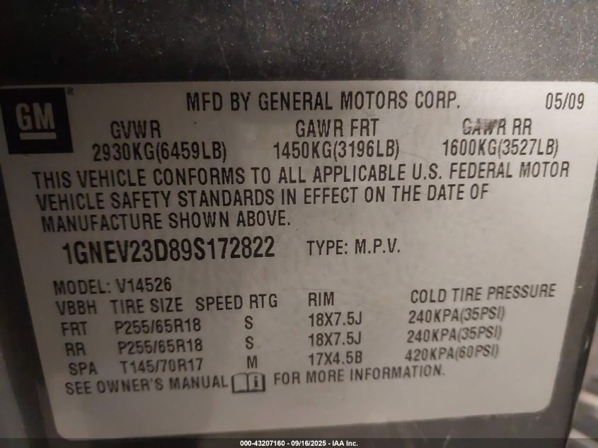 2009 Chevrolet Traverse Lt VIN: 1GNEV23D89S172822 Lot: 43207160