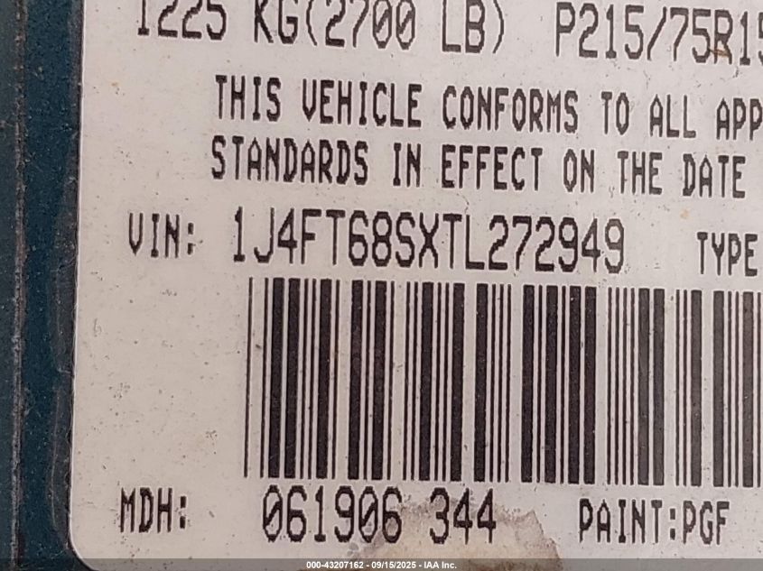 1996 Jeep Cherokee Sport/Classic VIN: 1J4FT68SXTL272949 Lot: 43207162