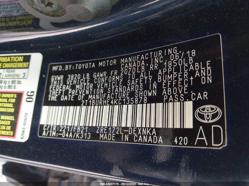 2019 Toyota Corolla Le VIN: 2T1BURHE4KC135878 Lot: 43207176