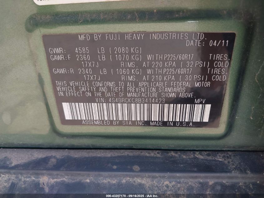 2011 Subaru Outback 2.5I Limited VIN: 4S4BRCKC8B3414423 Lot: 43207178