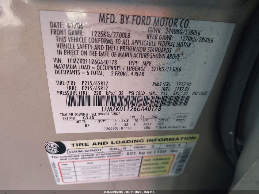 2006 Ford Freestyle Se VIN: 1FMZK01126GA40178 Lot: 43207203