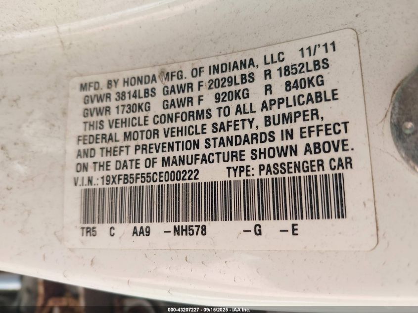 2012 Honda Civic Natural Gas VIN: 19XFB5F55CE000222 Lot: 43207227