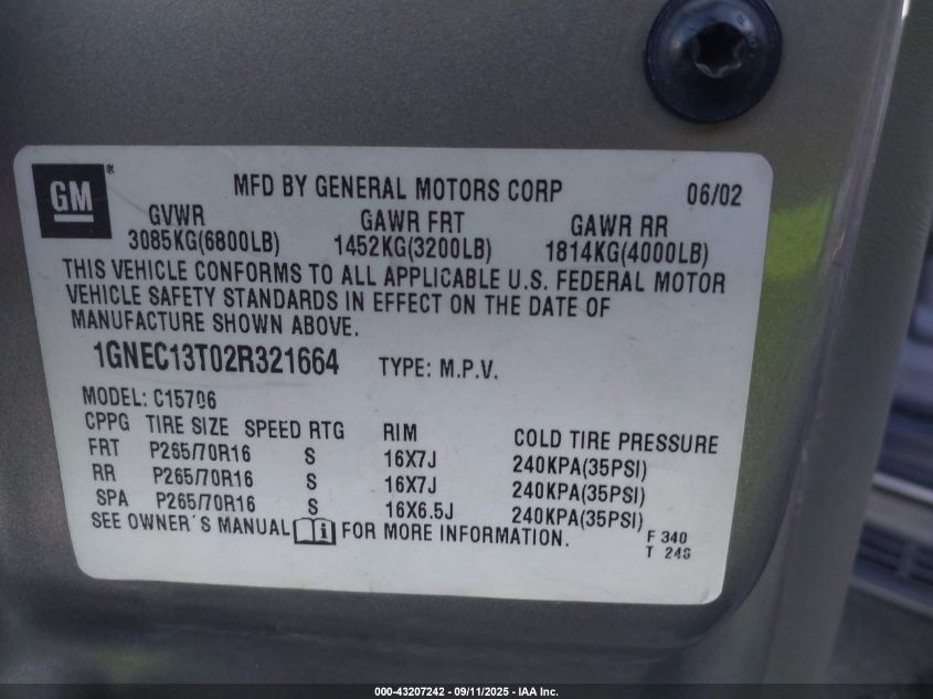 2002 Chevrolet Tahoe Ls VIN: 1GNEC13T02R321664 Lot: 43207242