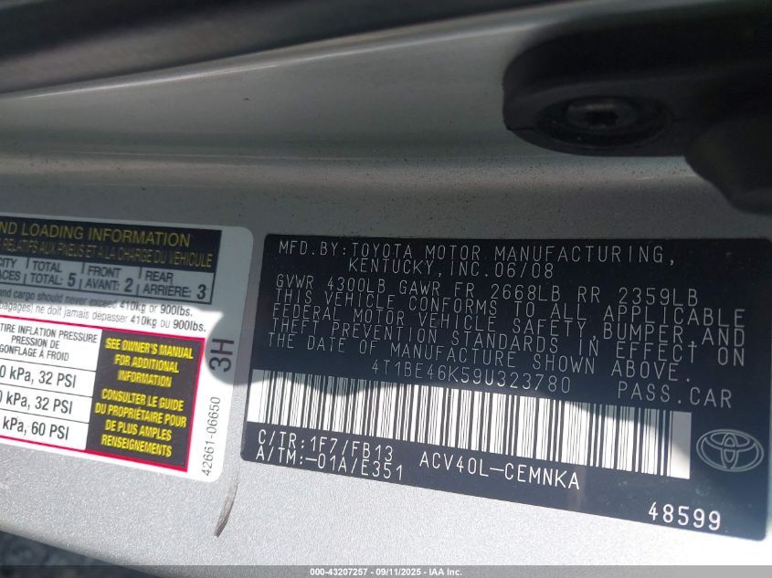 2009 Toyota Camry VIN: 4T1BE46K59U323780 Lot: 43207257