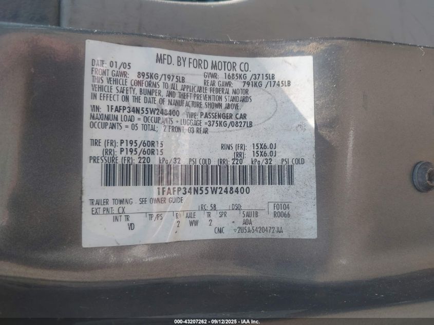 2005 Ford Focus Zx4 VIN: 1FAFP34N55W248400 Lot: 43207262