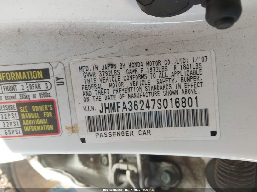 2007 Honda Civic Hybrid VIN: JHMFA36247S016801 Lot: 43207265