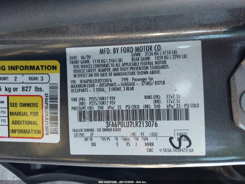 2020 Ford Fusion Hybrid Se VIN: 3FA6P0LU2LR213076 Lot: 43207269