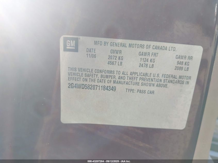2007 Buick Lacrosse Cxl VIN: 2G4WD582071184349 Lot: 43207284