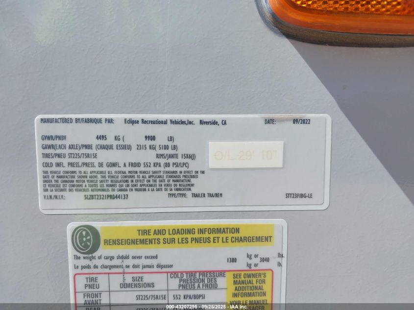 2023 Eclipse Other VIN: 5LZBT2321RP044137 Lot: 43207295